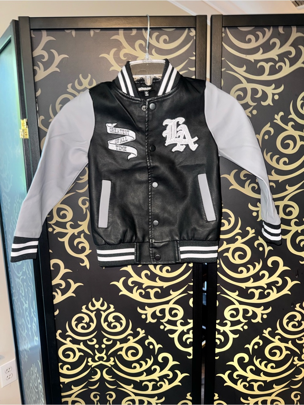 Fashion Nova Kids Black and Gray Letterman Jacket with LA Patch